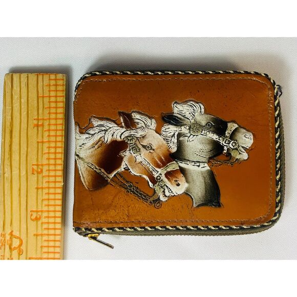 Vintage Leather Bifold Wallet Hand Tooled Horses 1950s Men Boys Cowhide Zip Up - Picture 8 of 8